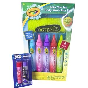 Crayola Pen & Washcloth Bath Set Art~2 Justice League Lip Balms Boy Girl NEW NIP